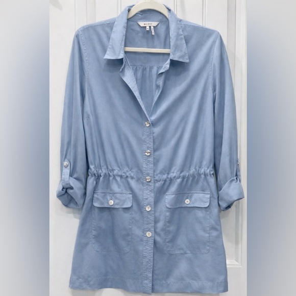 Zozo Dresses & Skirts - ZOZO Women’s Blue Utility Shirt Dress Size M Button Front Roll Tab Sleeves EUC